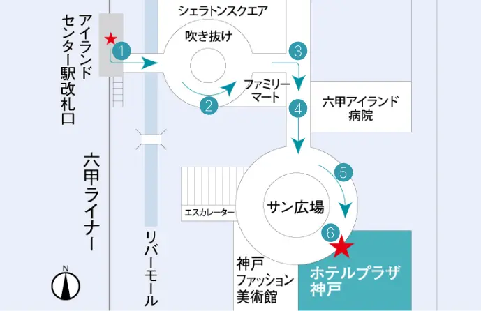 アイランドセンター駅改札口からホテルプラザ神戸までの道順を示す館内マップ。駅を出て吹き抜けからサン広場を通り、神戸ファッション美術館の隣に位置するホテル入口へと矢印でルートが示されている。
