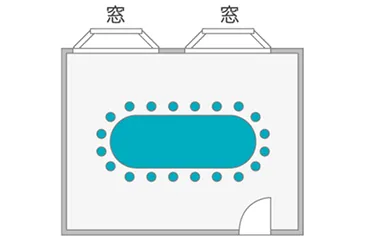 小宴会場「汀・渚」の会食レイアウト図。部屋の中央に楕円形の大テーブルが1卓あり、その周りを椅子が囲んでいる。上側の壁に窓が2つ、右下に出入口がある。