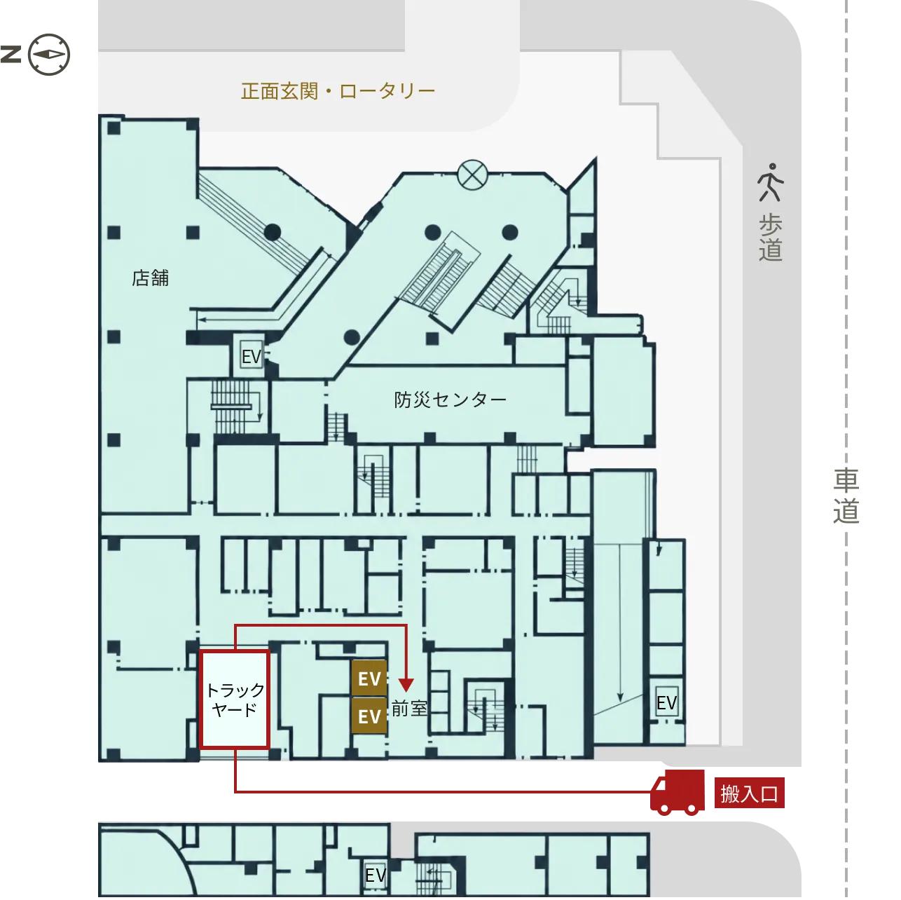 正面玄関やトラックヤード、搬入口、エレベーターの位置が記載された館内フロアマップ