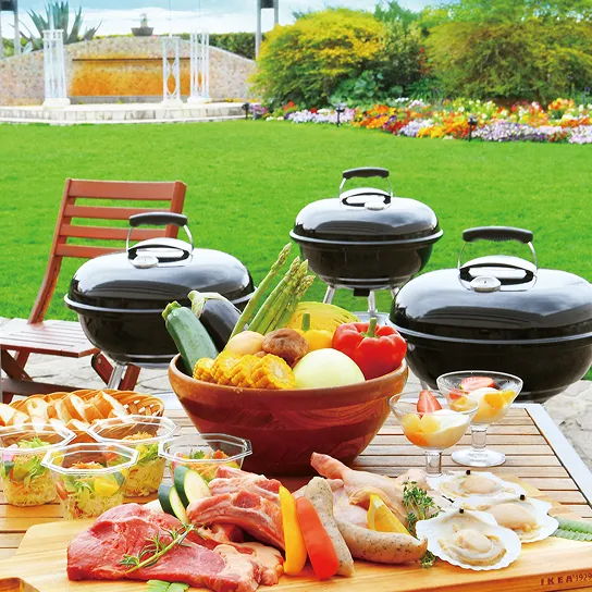 ホテルのガーデンで手ぶらで楽しめる、本格炭火焼BBQの食材とコンロ