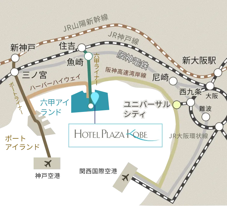神戸市の地図上に六甲アイランド内のホテルプラザ神戸の位置を表示。西に三ノ宮・新神戸、北に住吉・魚崎の各駅、東にユニバーサルシティ、その先に大阪方面が示されている。