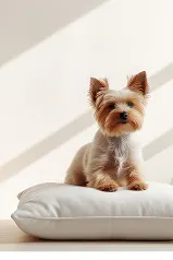 白いクッションの上に座る小型犬。