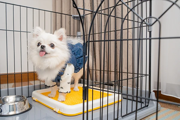 ケージにいるワンちゃんの写真