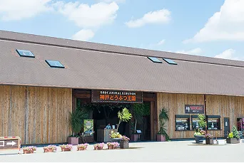 緑に囲まれた大きなグラスハウスの外観