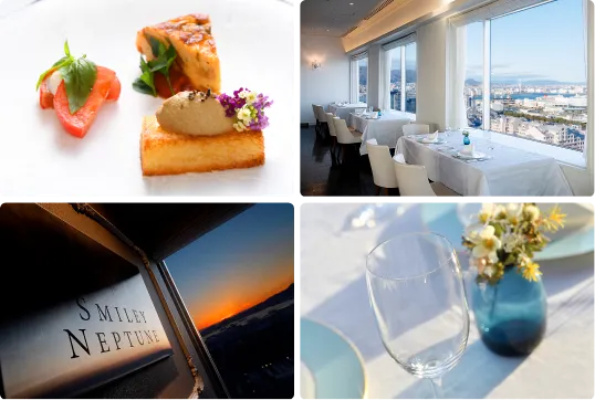 鮭とフォアグラの前菜皿、港を望む窓際のダイニング、「SMILEY NEPTUNE」と刻まれた看板越しの夕景、青いガラス花瓶と白い花を飾ったテーブルという4枚を組み合わせたコラージュ写真。